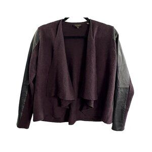 TED BAKER Women Open Front Wool Sweater Leather Sleeves US Sz 6 Purple 4a-9